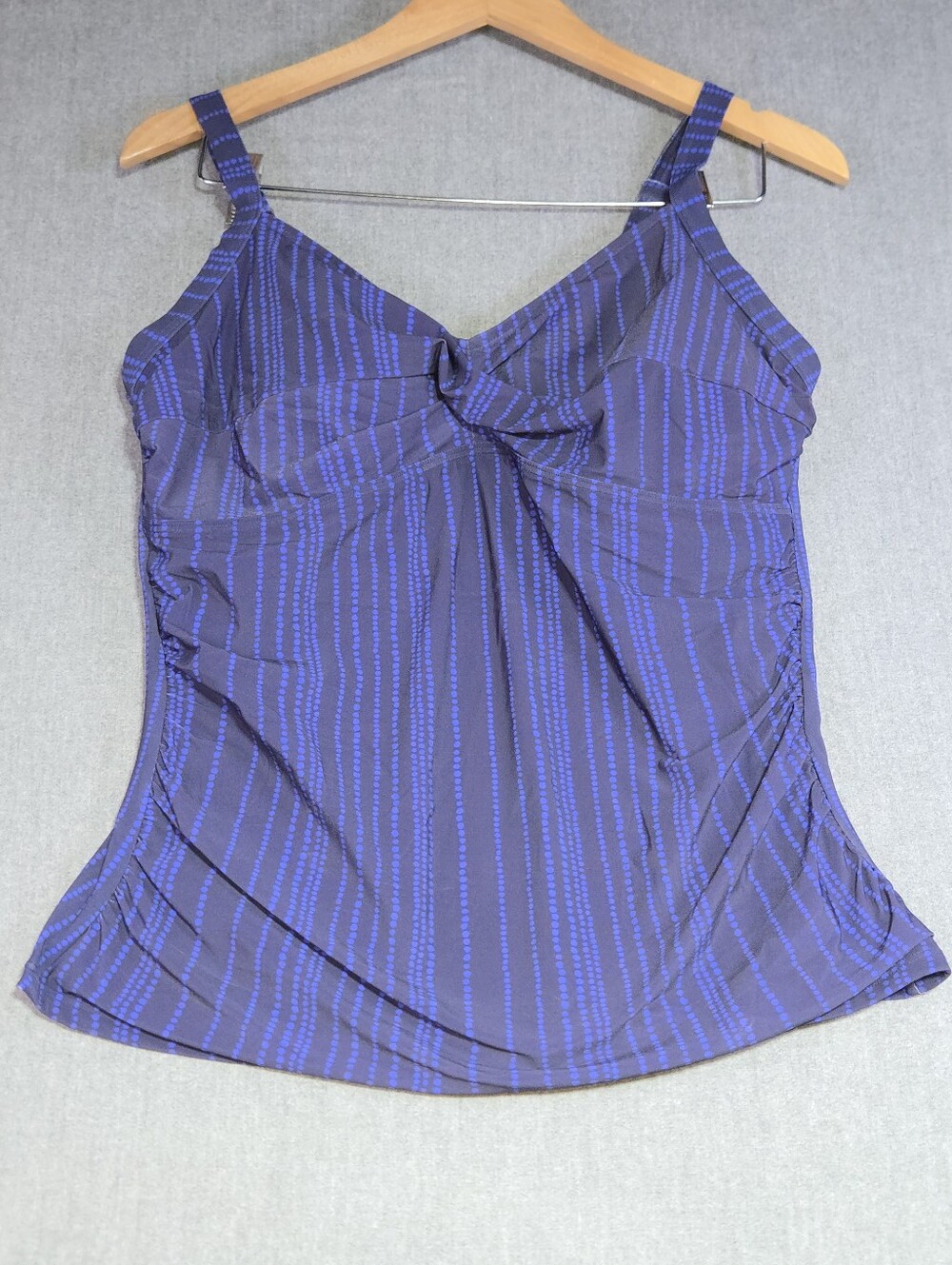 LL Bean Womens Tankini Swim Top Size 16 Reg Blue Dotted Stripe UPF 50 Ruched